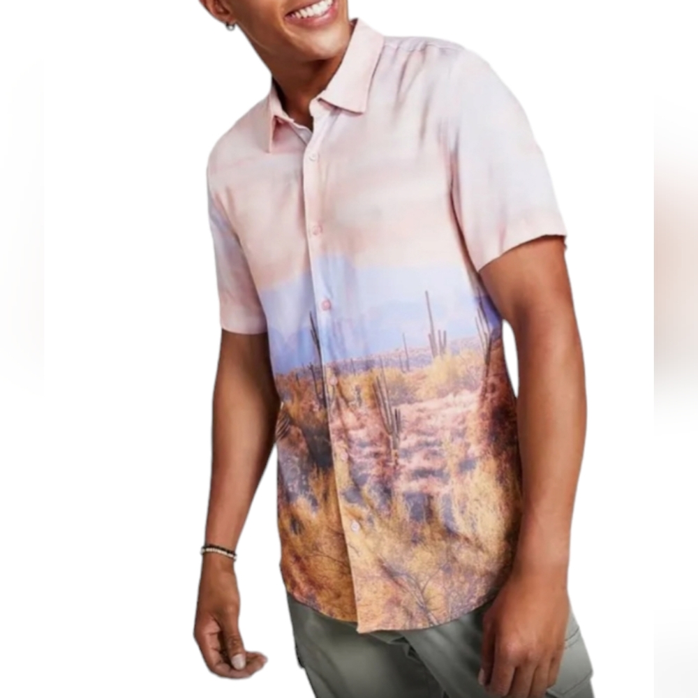 NWT! GUESS Shirt Men's Size Medium Cactus Button Down Shirt Short Sleeve NEW